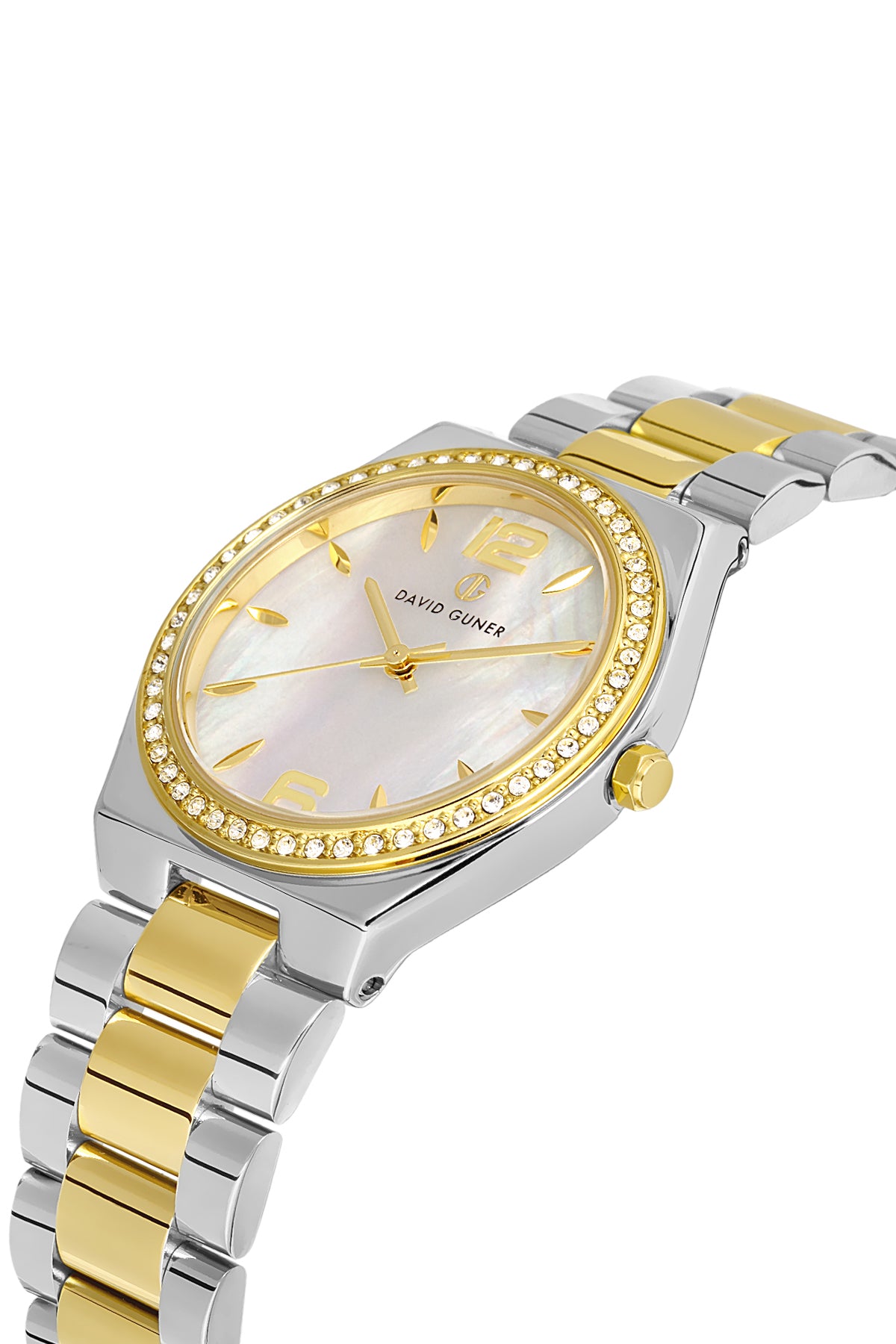 David Guner 8472LA-D1 women's watch with white mother-of-pearl dial, two-tone case and stainless steel bracelet – angled view
