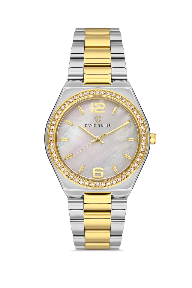 David Guner 8472LA-D1 women's watch with white mother-of-pearl dial, two-tone case and stainless steel bracelet – front view