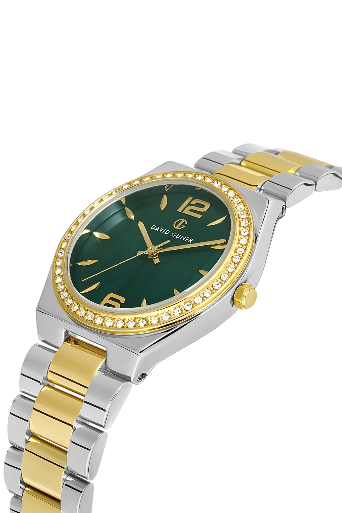 David Guner 8472LA-D10 women's watch with green dial, two-tone case and stainless steel bracelet – angled view