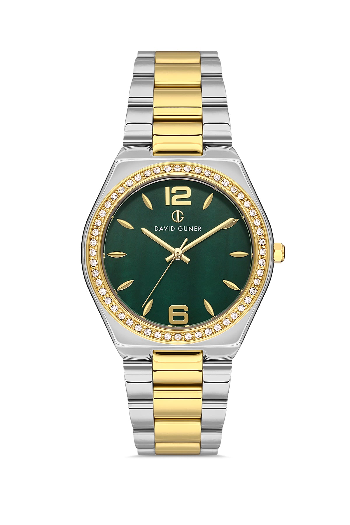 David Guner 8472LA-D10 women's watch with green dial, two-tone case and stainless steel bracelet – front view