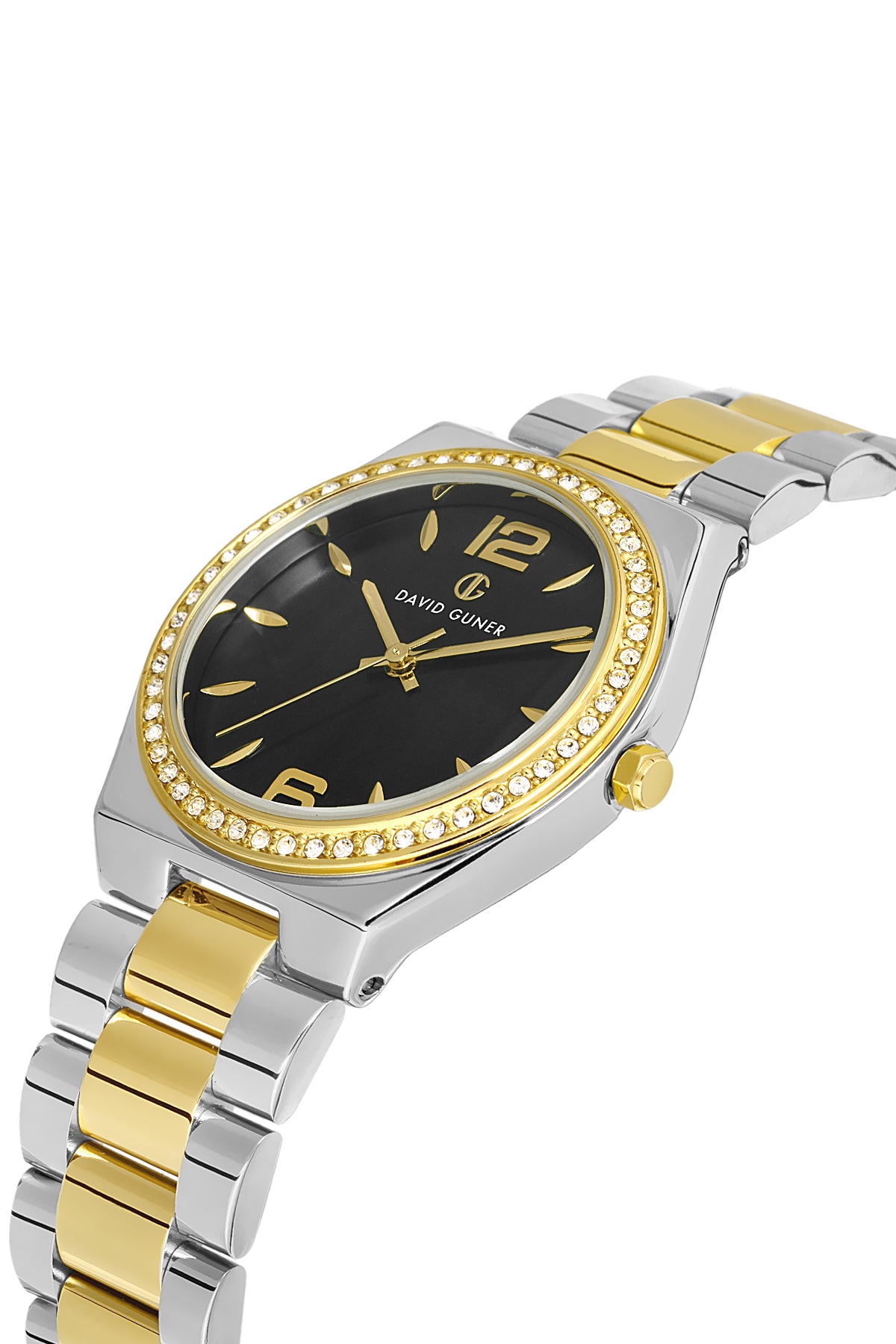 David Guner 8472LA-D2 women's watch with black dial, two-tone case and stainless steel bracelet – angled view