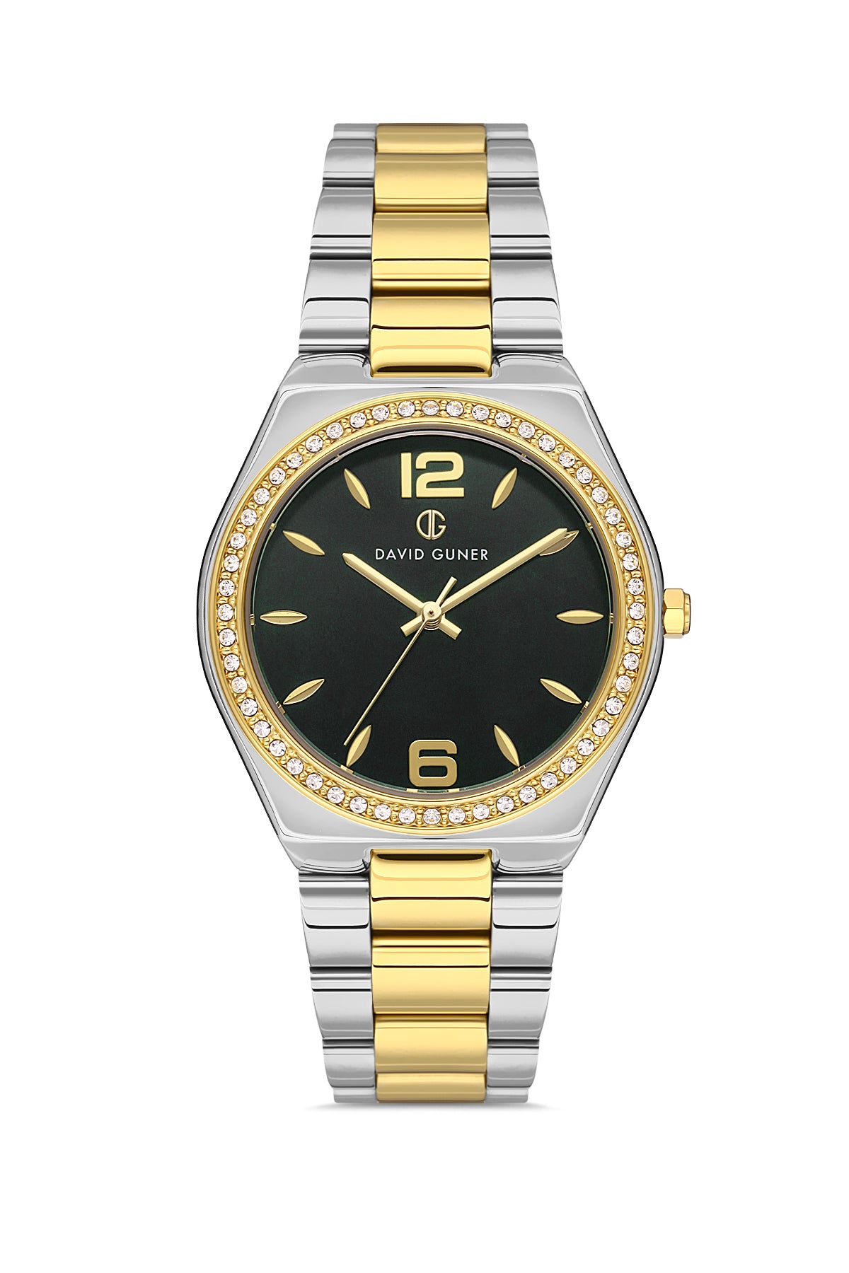 David Guner 8472LA-D2 women's watch with black dial, two-tone case and stainless steel bracelet – front view