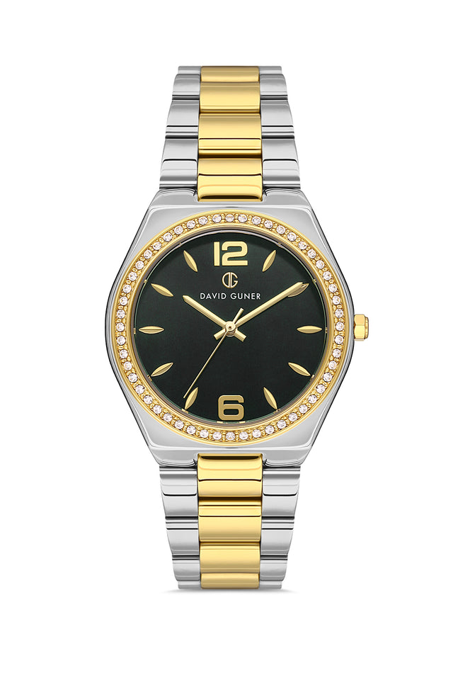 David Guner 8472LA-D2 women's watch with black dial, two-tone case and stainless steel bracelet – front view