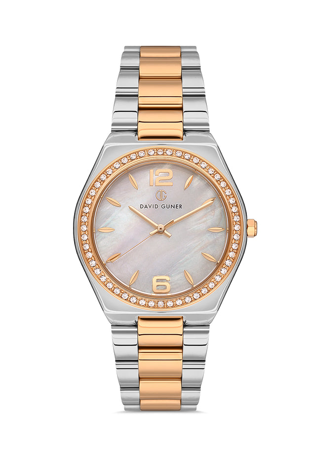 David Guner 8472LA-E1 women's watch with white mother-of-pearl dial, two-tone rose gold case and stainless steel bracelet – front view