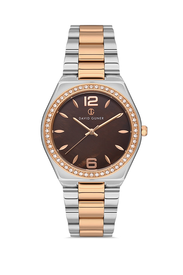 David Guner 8472LA-E6 women's watch with brown mother-of-pearl dial, two-tone rose gold case and stainless steel bracelet – front view