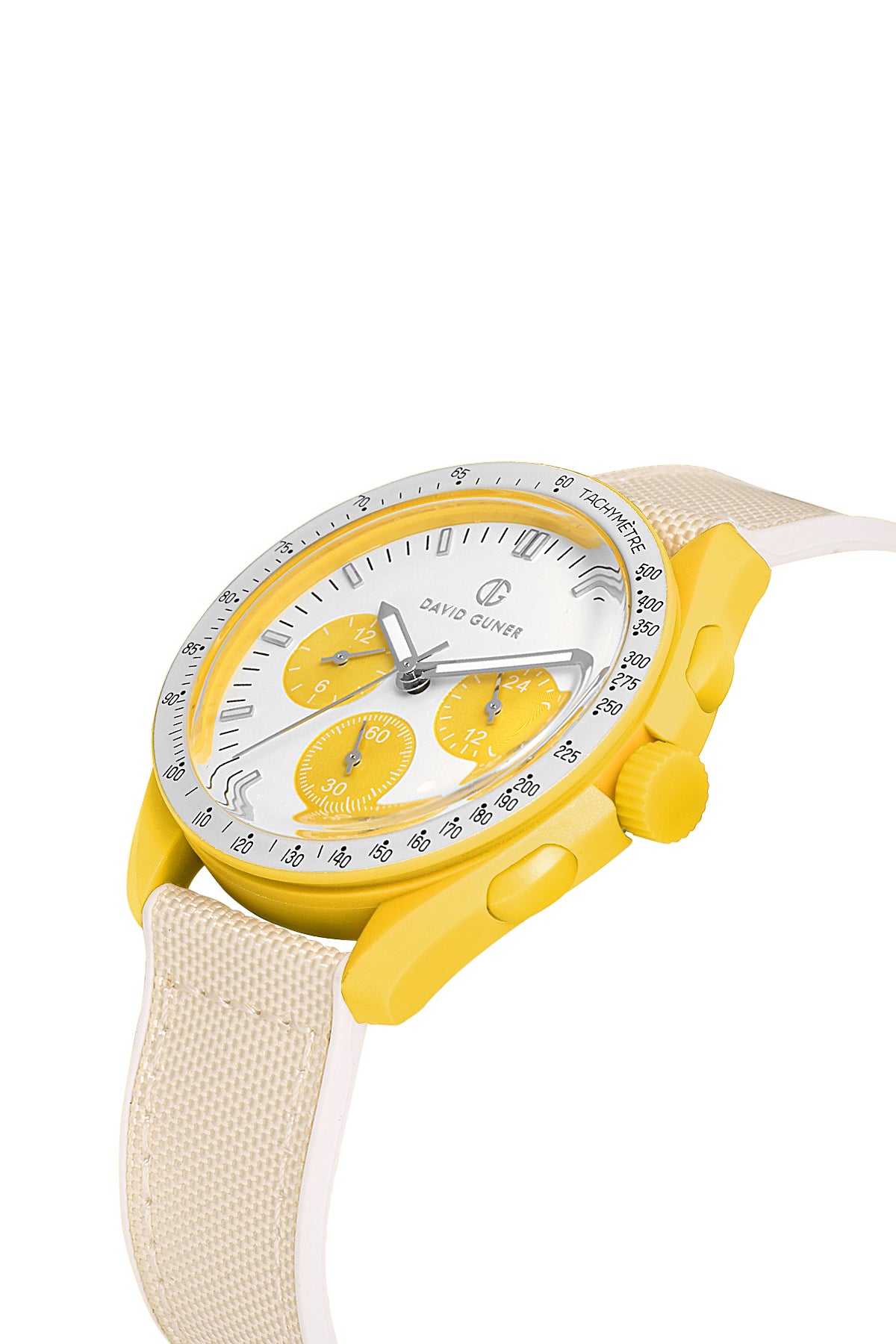 David Guner 8627GD-AE1 men's watch with white dial, yellow polycarbonate case and white silicone strap – angled view