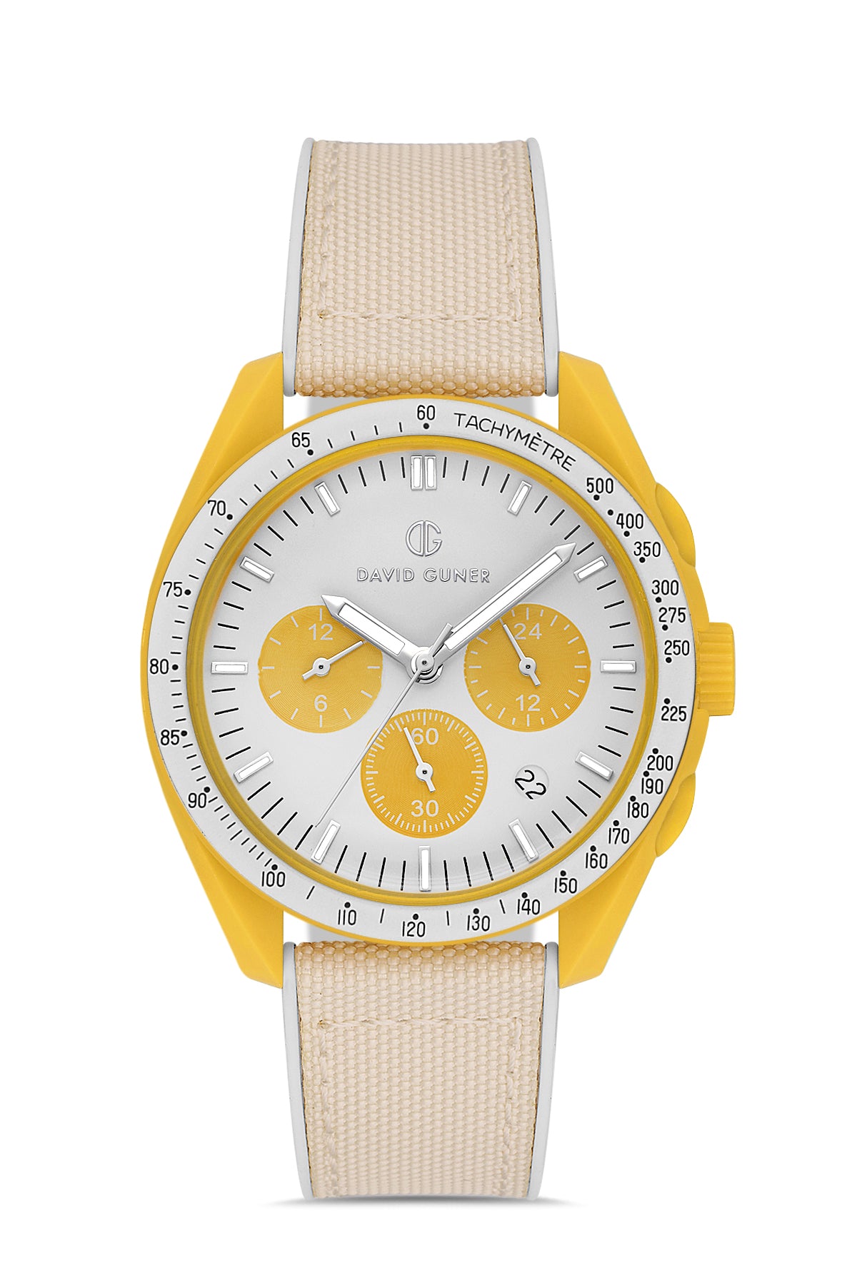 David Guner 8627GD-AE1 men's watch with white dial, yellow polycarbonate case and white silicone strap – front view