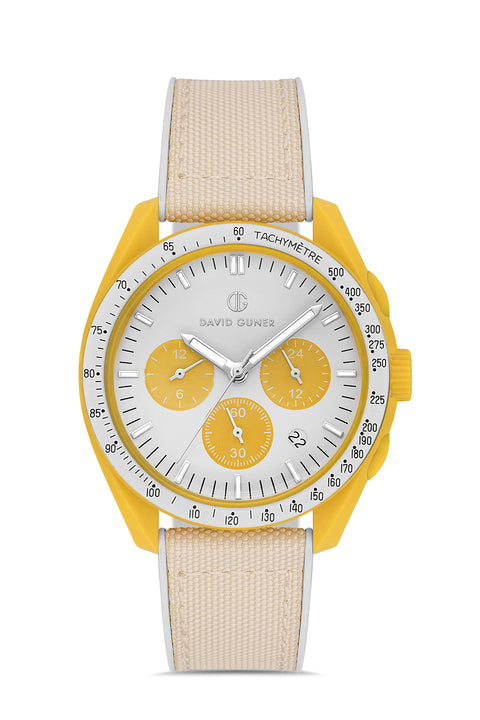 David Guner 8627GD-AE1 men's watch with white dial, yellow polycarbonate case and white silicone strap – front view