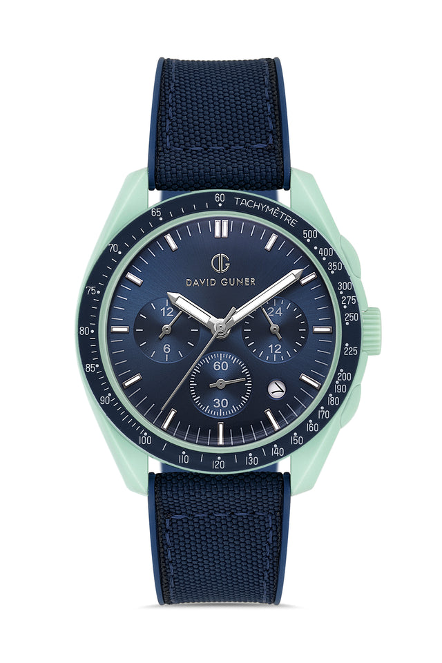 David Guner 8627GD-AZ3 men's watch with blue dial, mint polycarbonate case and black silicone strap – front view