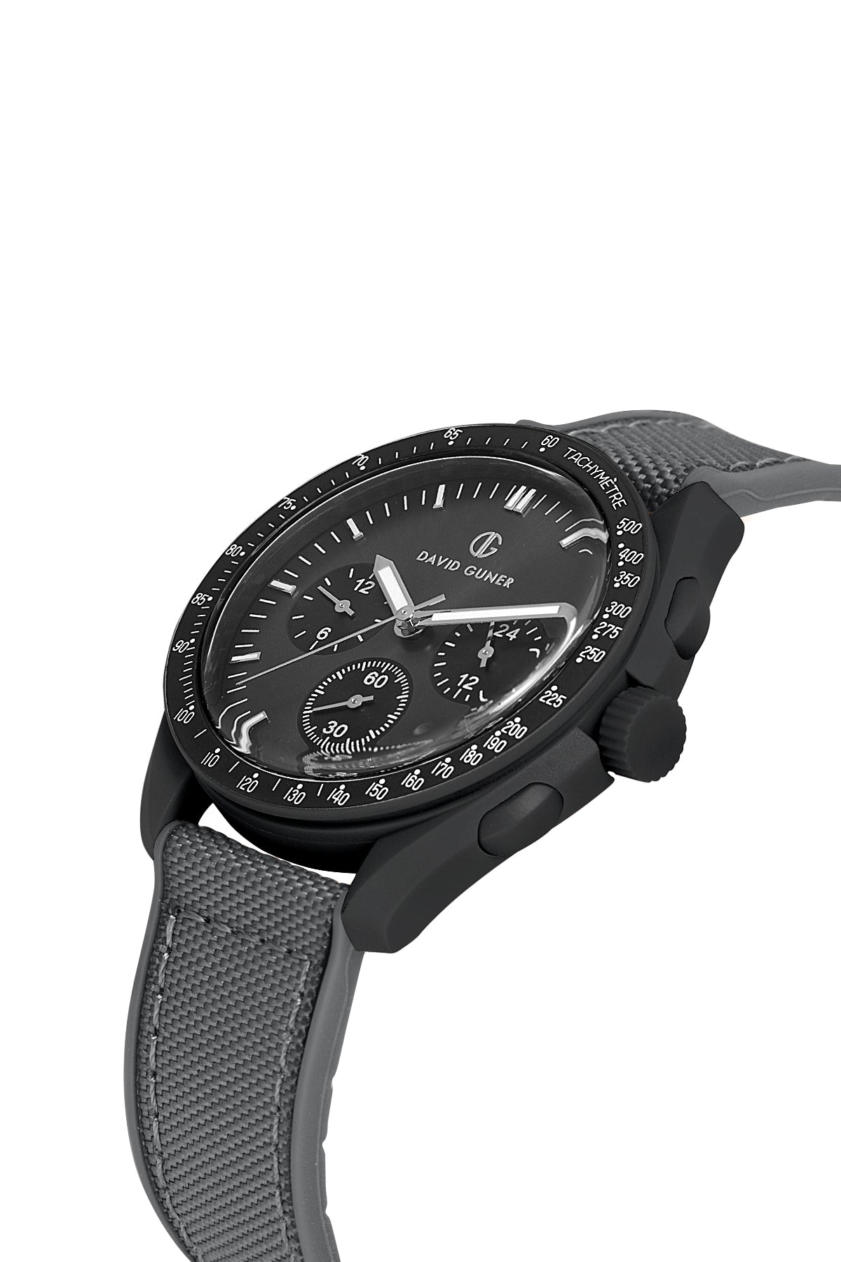 David Guner 8627GD-Y2 men's watch with black dial, black polycarbonate case and black silicone strap – angled view