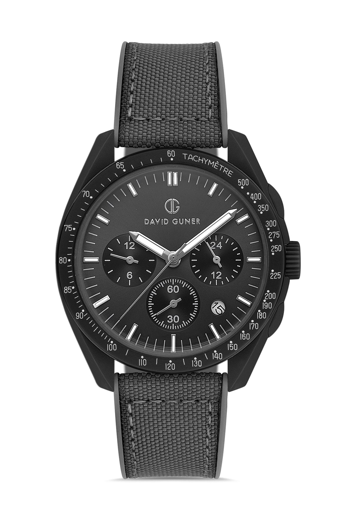 David Guner 8627GD-Y2 men's watch with black dial, black polycarbonate case and black silicone strap – front view