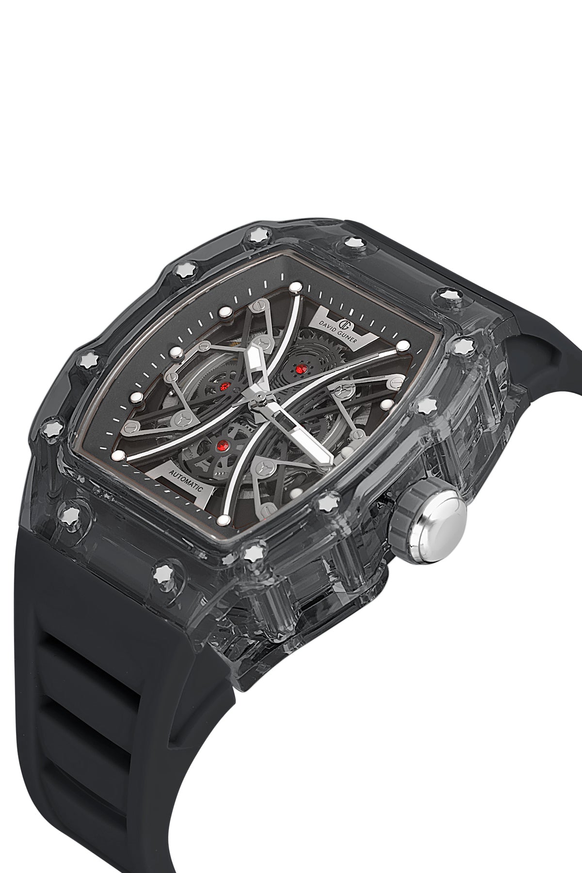 David Guner 8628GD-G2 men's automatic watch with skeleton dial, smoke polycarbonate case and black silicone strap – angled view