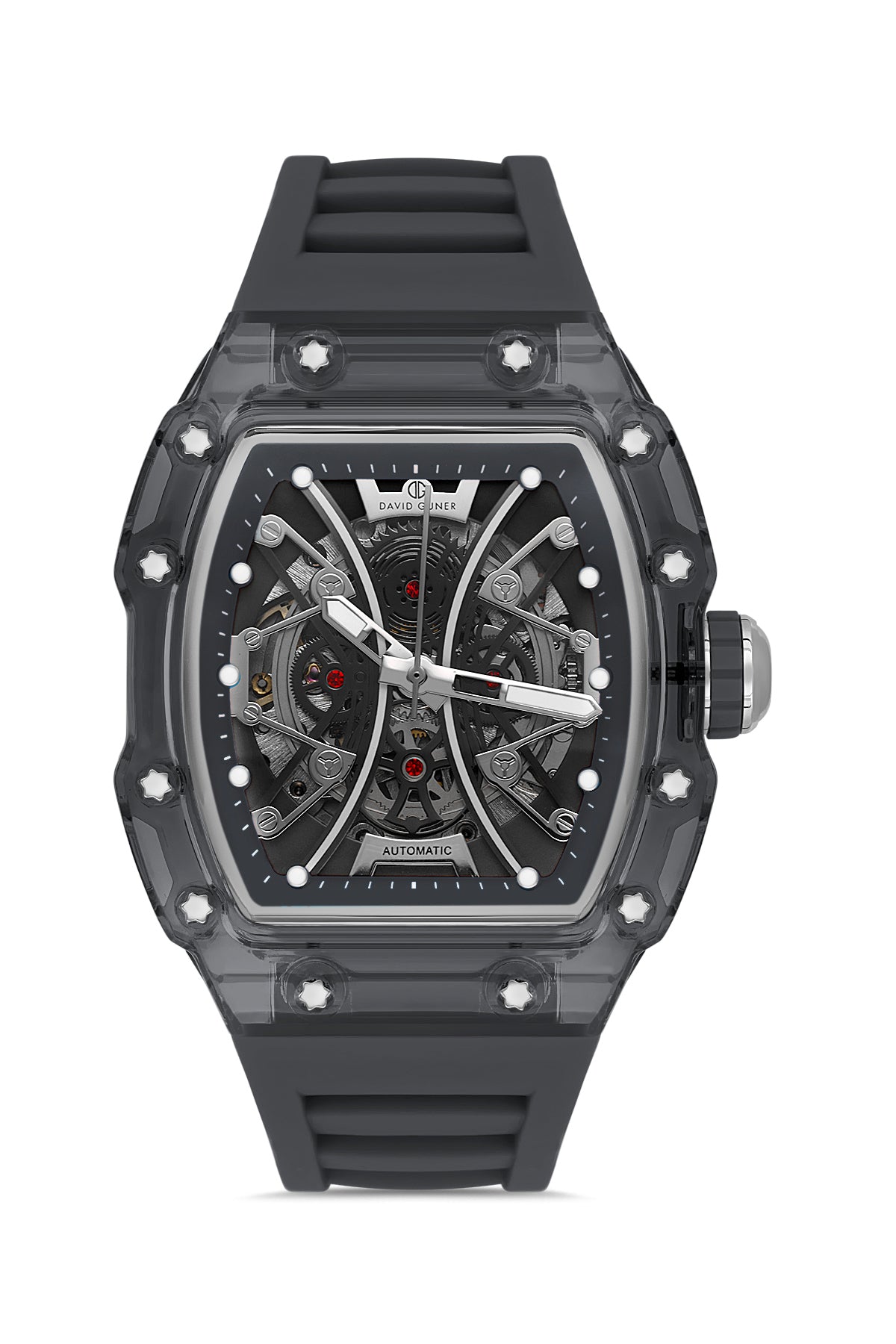 David Guner 8628GD-G2 men's automatic watch with skeleton dial, smoke polycarbonate case and black silicone strap – front view