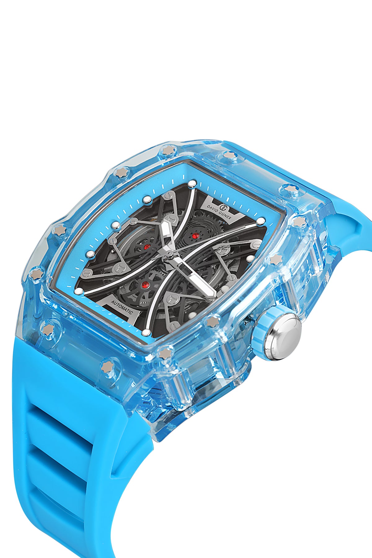 David Guner 8628GD-H2 men's automatic watch with skeleton dial, light blue polycarbonate case and light blue silicone strap – angled view