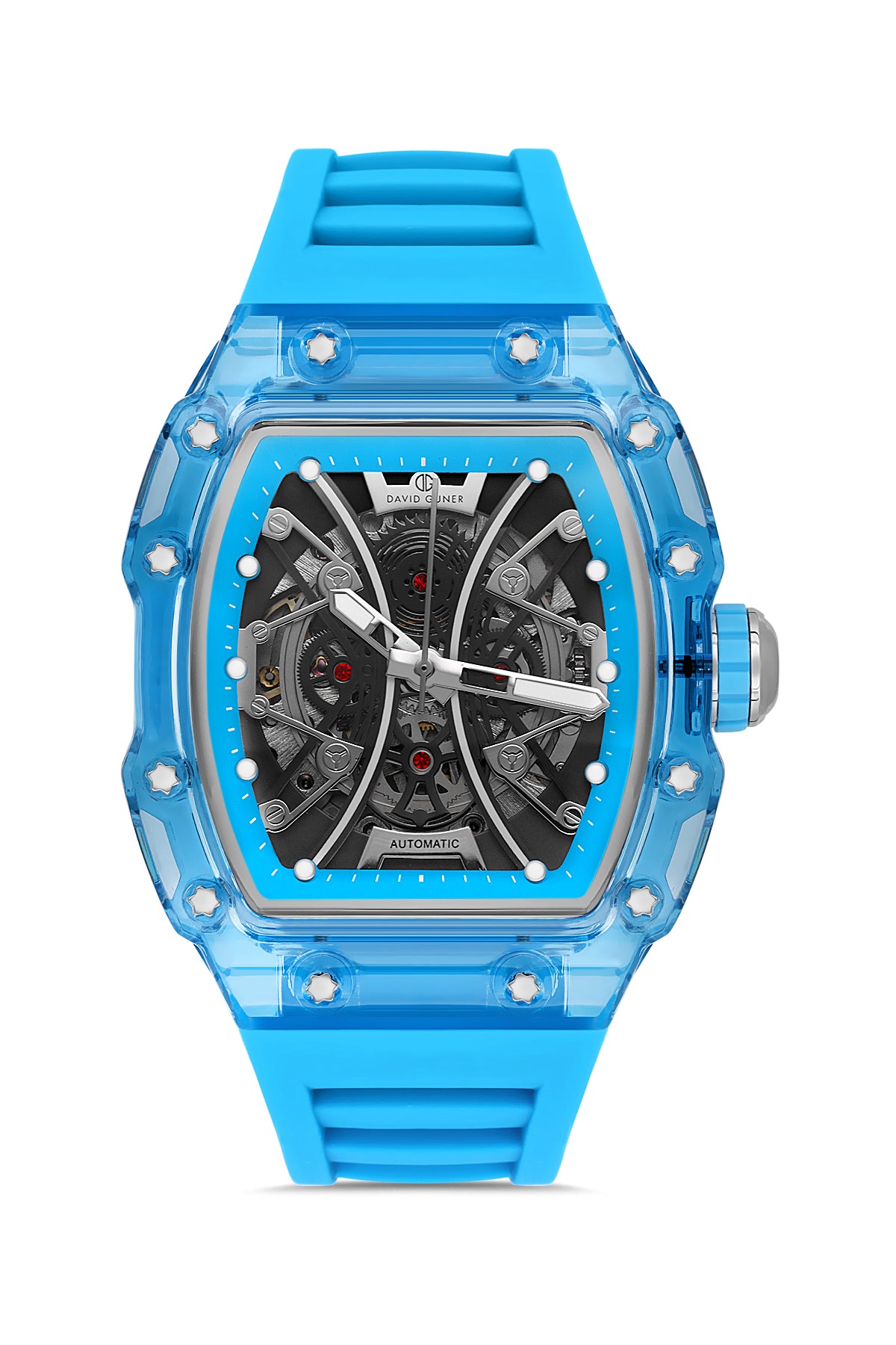 David Guner 8628GD-H2 men's automatic watch with skeleton dial, light blue polycarbonate case and light blue silicone strap – front view
