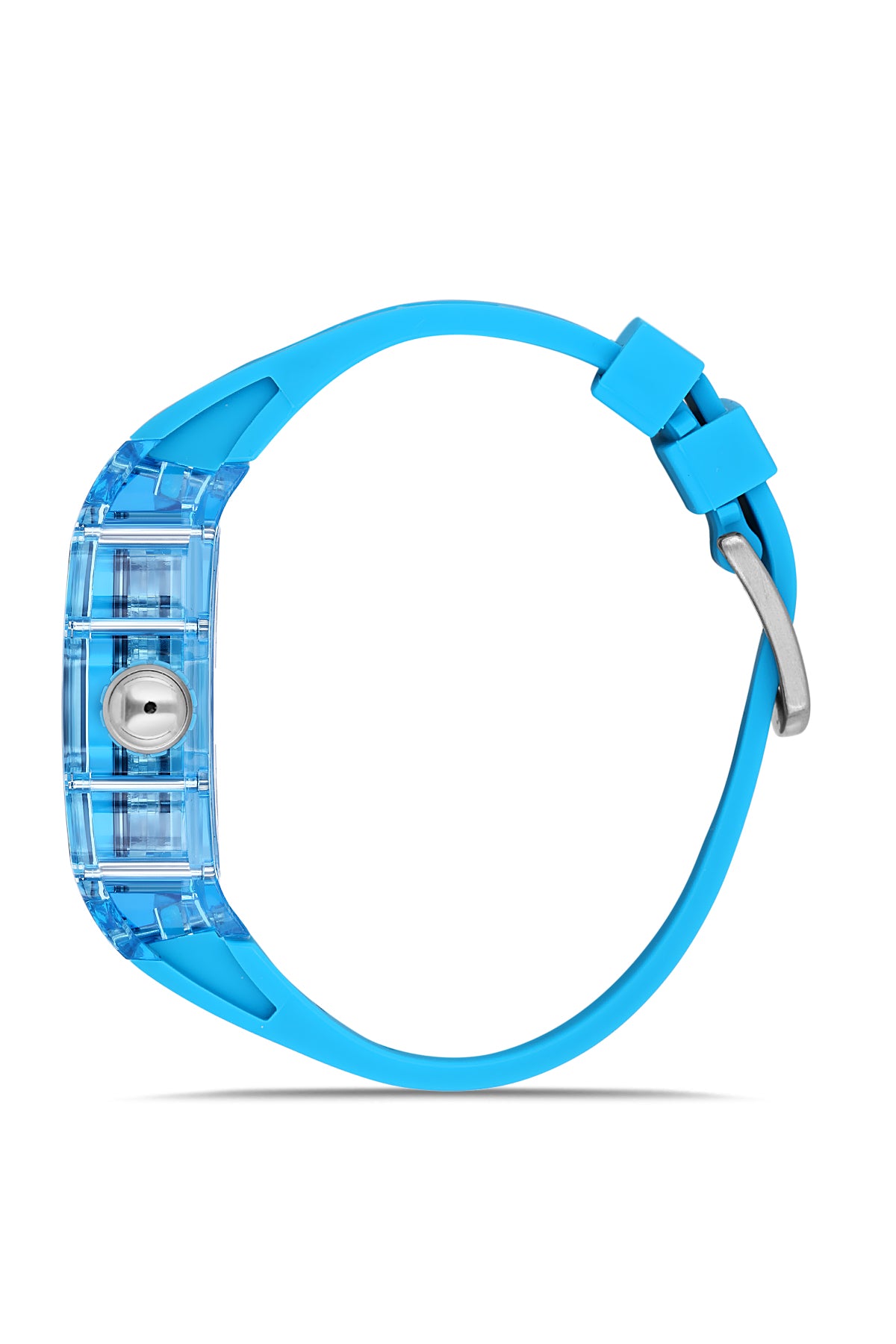 David Guner 8628GD-H2 men's automatic watch with skeleton dial, light blue polycarbonate case and light blue silicone strap – side view