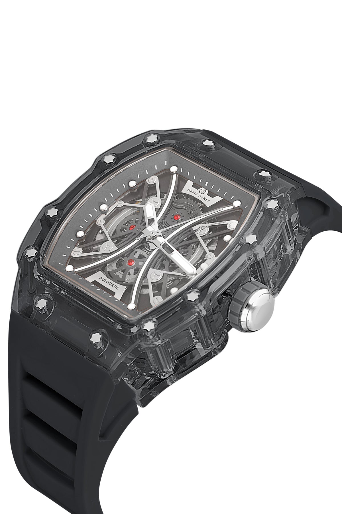 David Guner 8628GD-Y12 men's automatic watch with skeleton dial, smoke polycarbonate case and black silicone strap – angled view