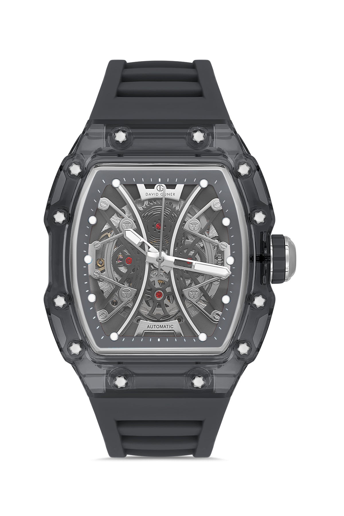 David Guner 8628GD-Y12 men's automatic watch with skeleton dial, smoke polycarbonate case and black silicone strap – front view
