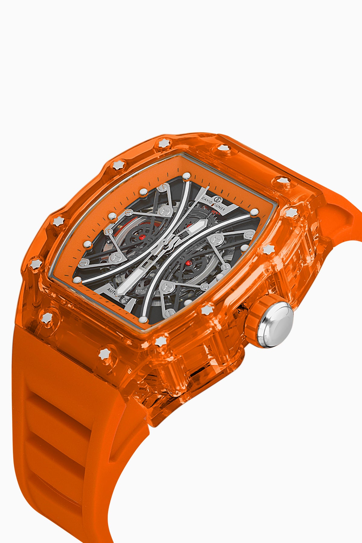 David Guner 8628GD-Z12 men's automatic watch with skeleton dial, orange polycarbonate case and orange silicone strap – angled view