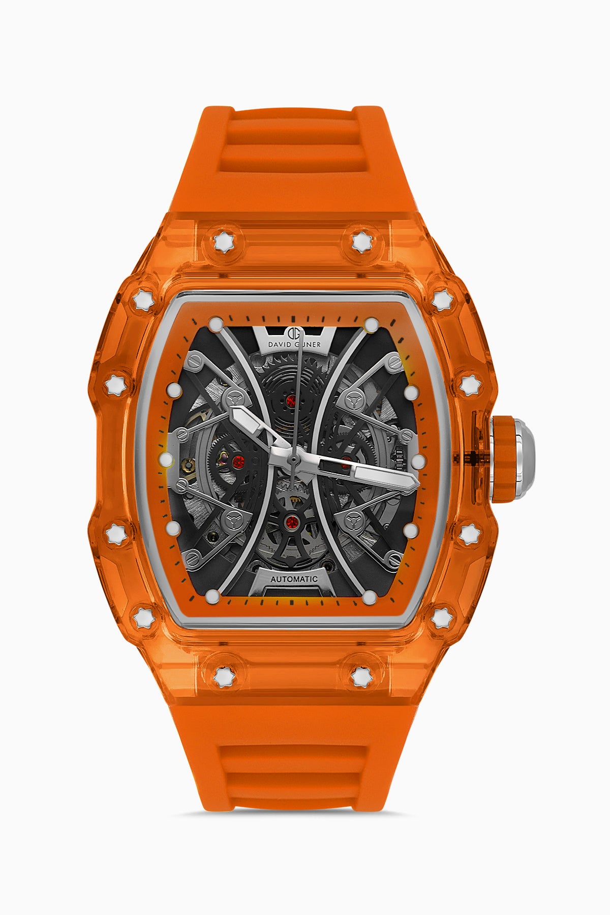 David Guner 8628GD-Z12 men's automatic watch with skeleton dial, orange polycarbonate case and orange silicone strap – front view