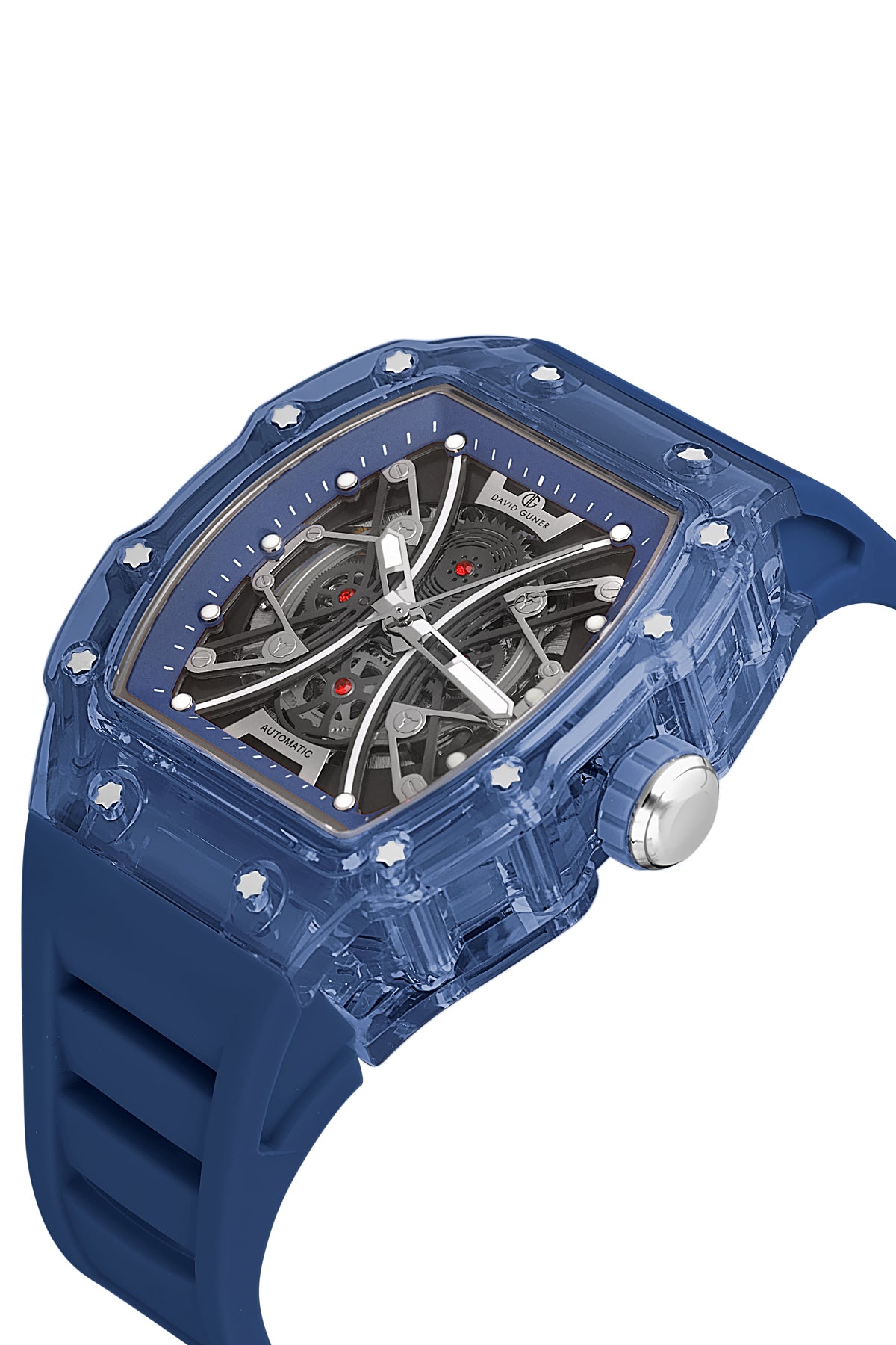 David Guner 8628GD-ZA2 men's automatic watch with skeleton dial, blue polycarbonate case and blue silicone strap – angled view