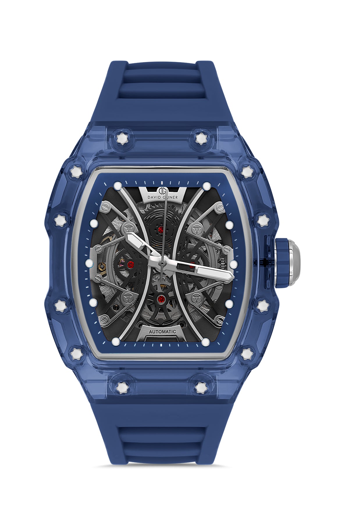 David Guner 8628GD-ZA2 men's automatic watch with skeleton dial, blue polycarbonate case and blue silicone strap – front view