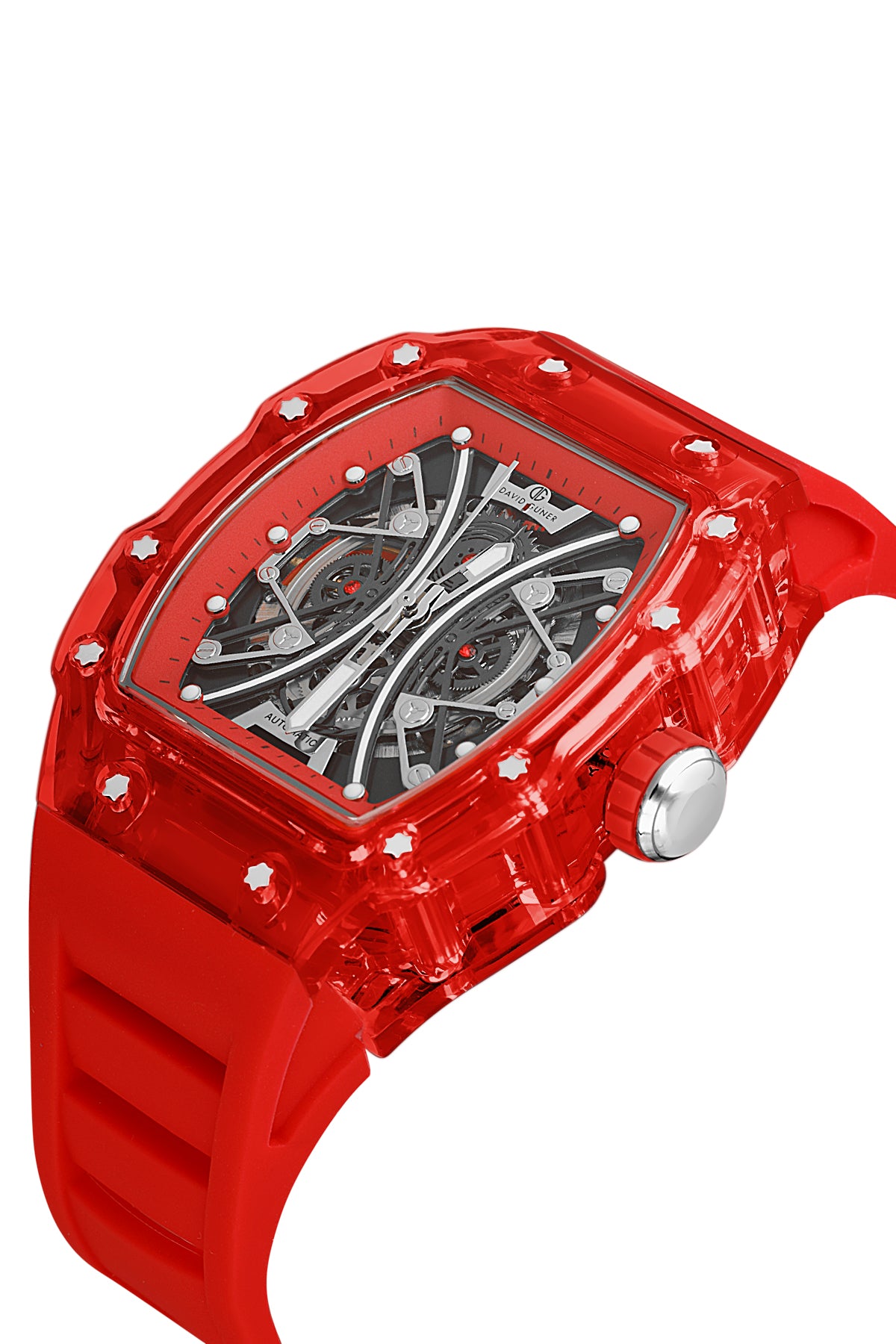David Guner 8628GD-ZP2 men's automatic watch with skeleton dial, red polycarbonate case and red silicone strap – angled view