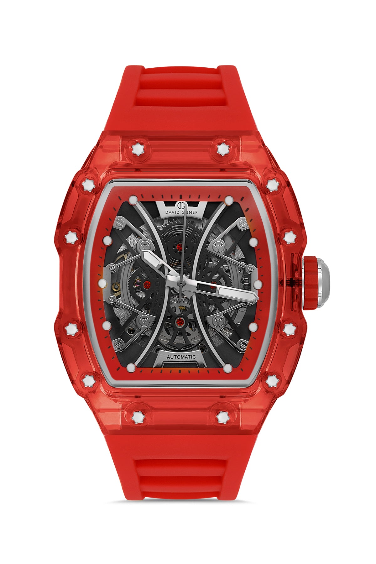 David Guner 8628GD-ZP2 men's automatic watch with skeleton dial, red polycarbonate case and red silicone strap – front view