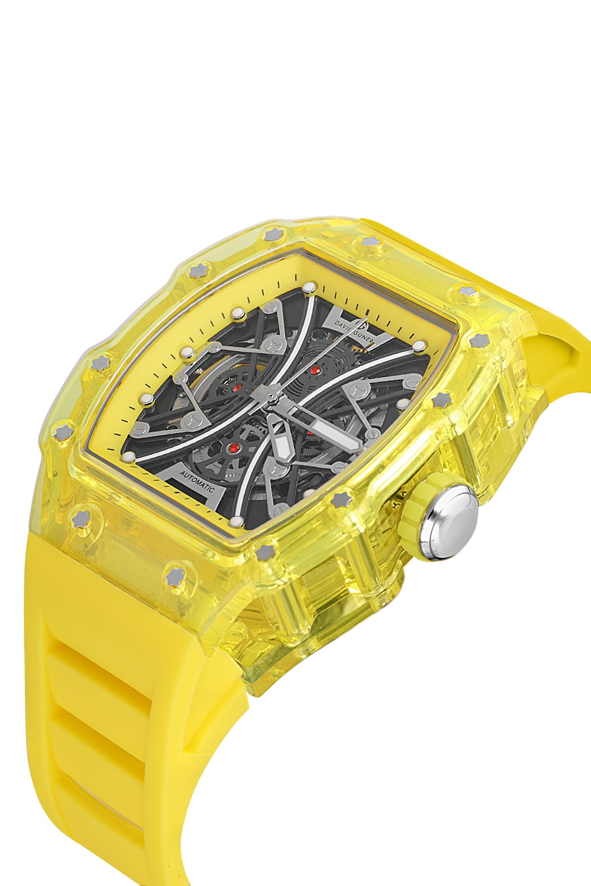 David Guner 8628GD-ZR2 men's automatic watch with skeleton dial, yellow polycarbonate case and yellow silicone strap – angled view