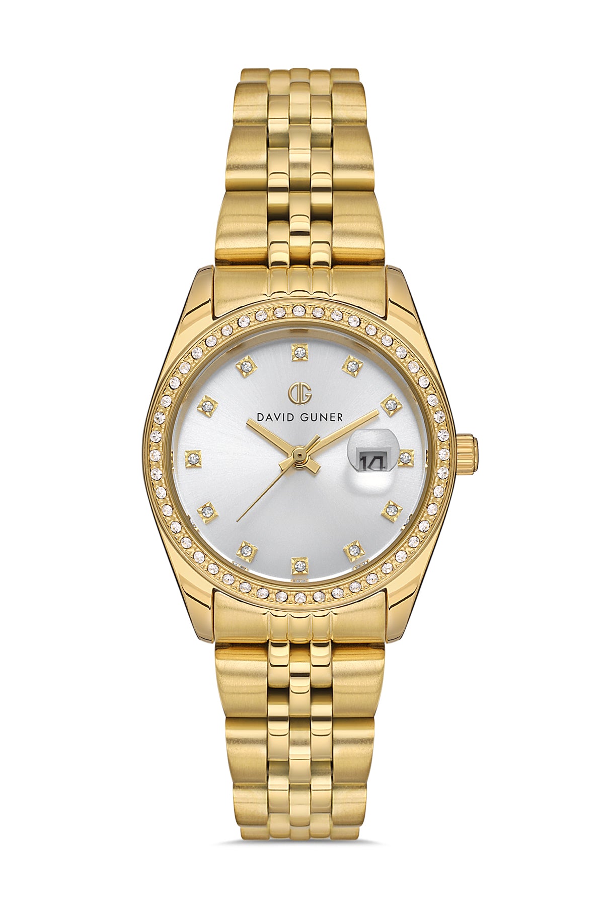 David Guner 8629LA-B1 women's watch with silver dial, gold-tone case and stainless steel bracelet – front view