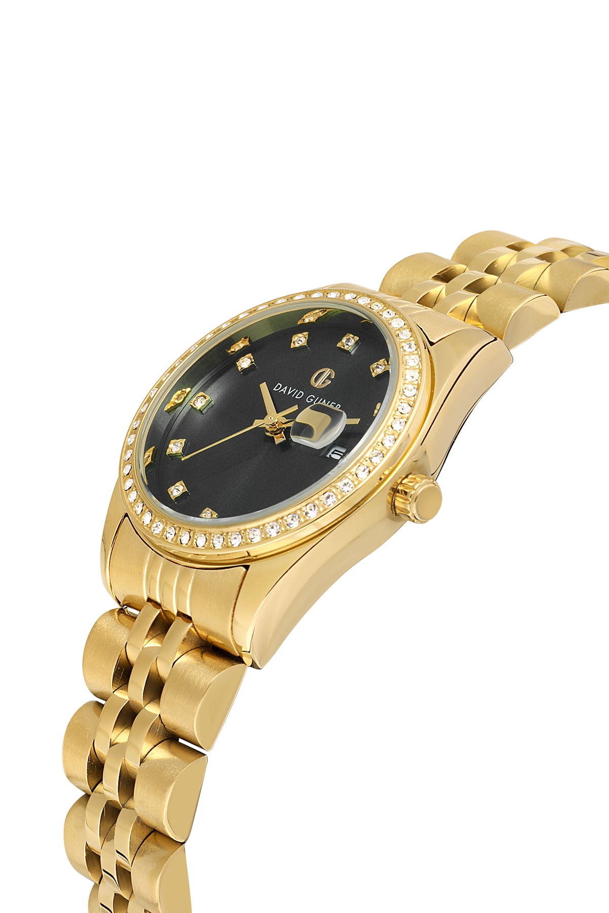 David Guner 8629LA-B2 women's watch with black dial, gold-tone case and stainless steel bracelet – angled view