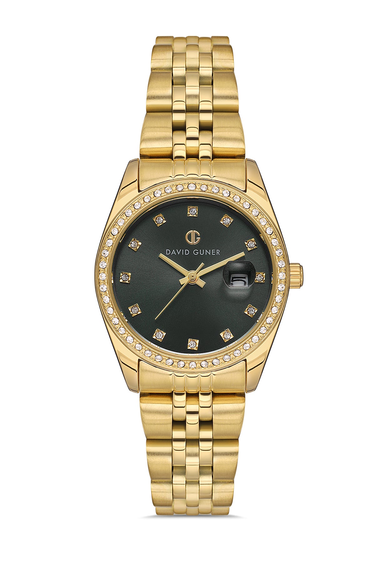 David Guner 8629LA-B2 women's watch with black dial, gold-tone case and stainless steel bracelet – front view