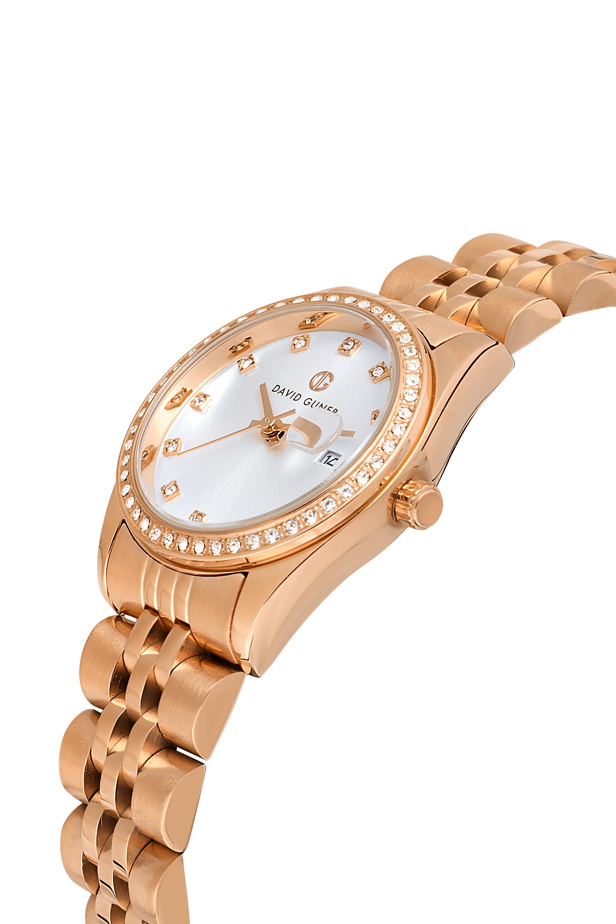David Guner 8629LA-C1 women's watch with silver dial, rose gold-tone case and stainless steel bracelet – angled view