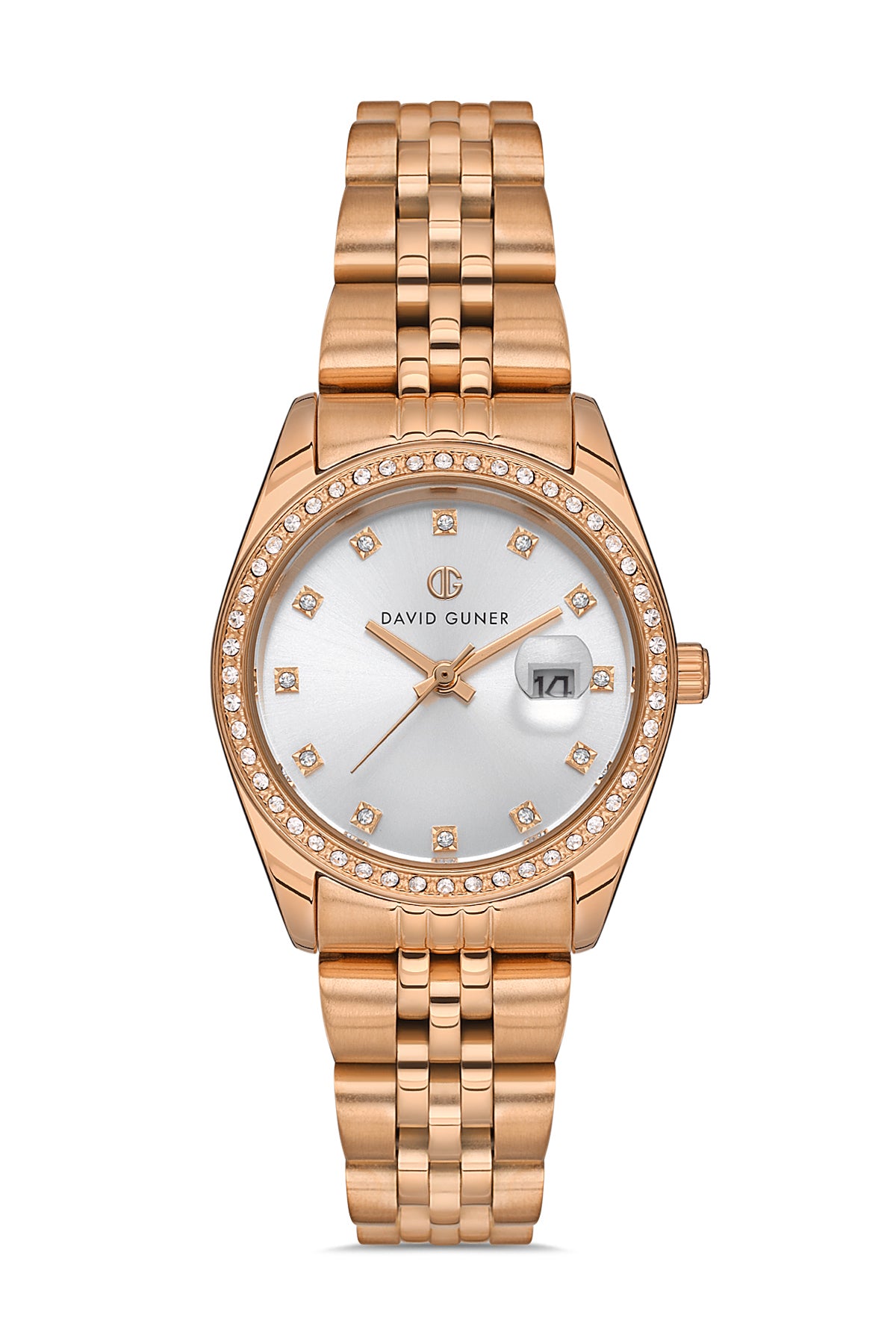 David Guner 8629LA-C1 women's watch with silver dial, rose gold-tone case and stainless steel bracelet – front view