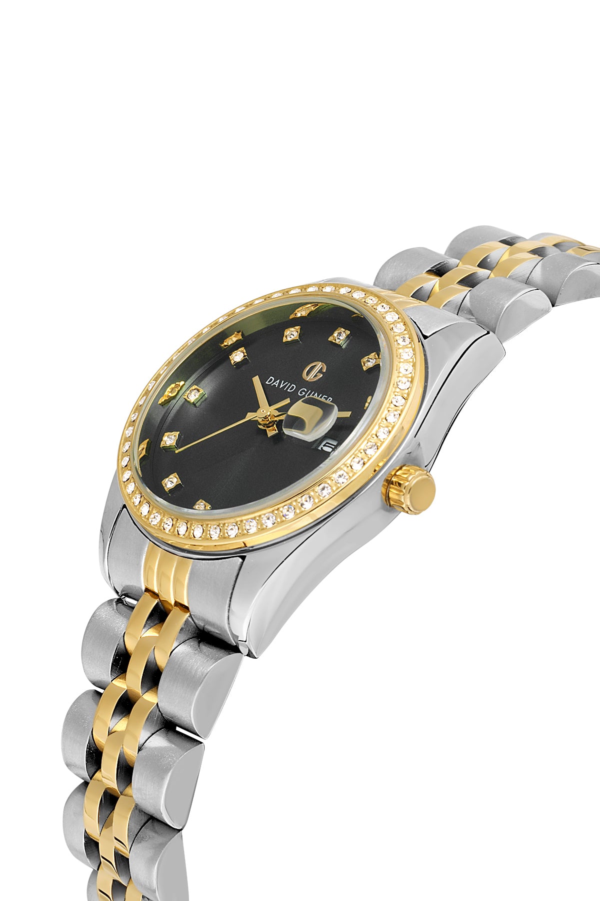 David Guner 8629LA-D2 women's watch with black dial, two-tone case and stainless steel bracelet – angled view