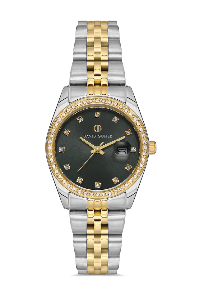 David Guner 8629LA-D2 women's watch with black dial, two-tone case and stainless steel bracelet – front view