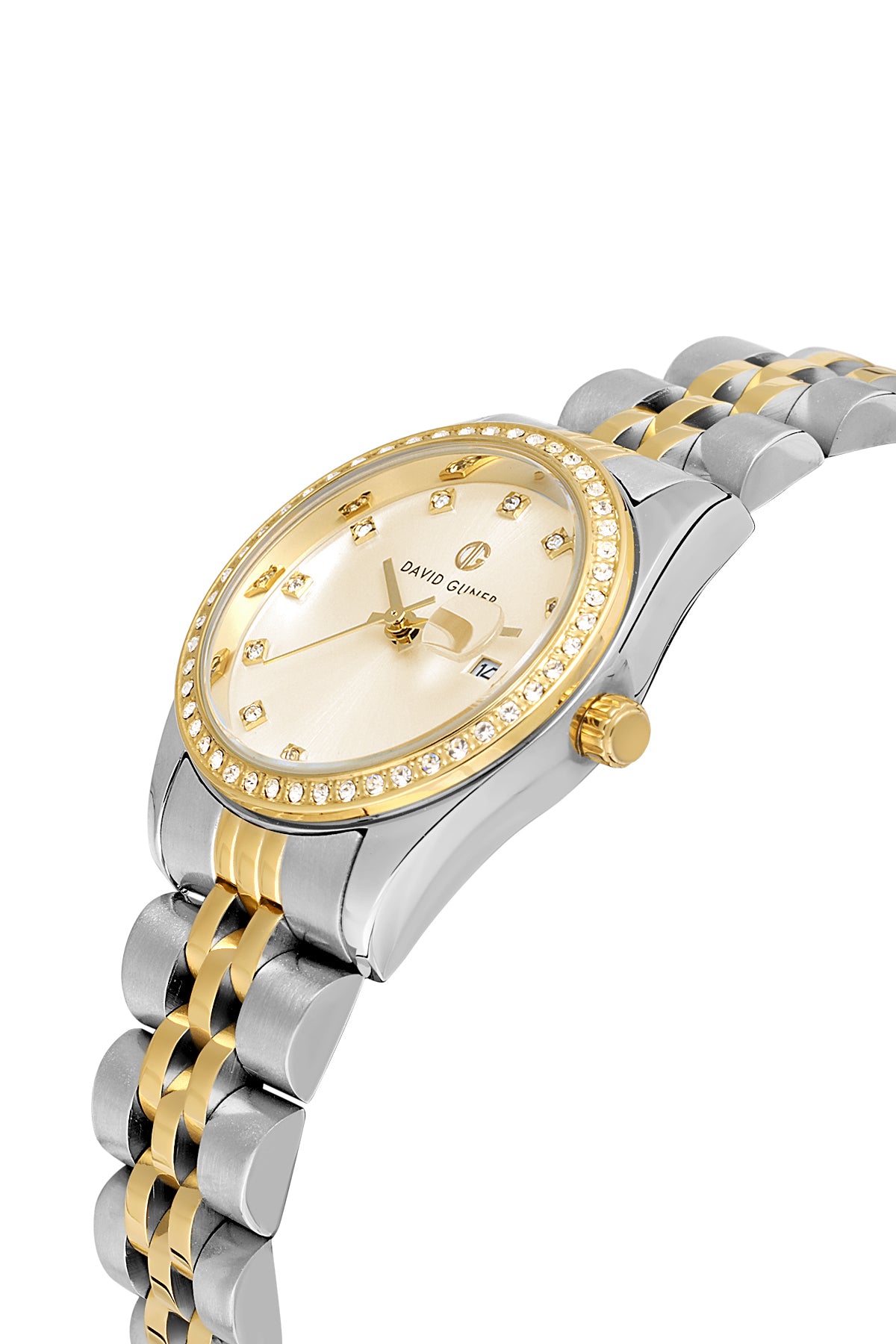 David Guner 8629LA-D4 women's watch with gold dial, two-tone case and stainless steel bracelet – angled view