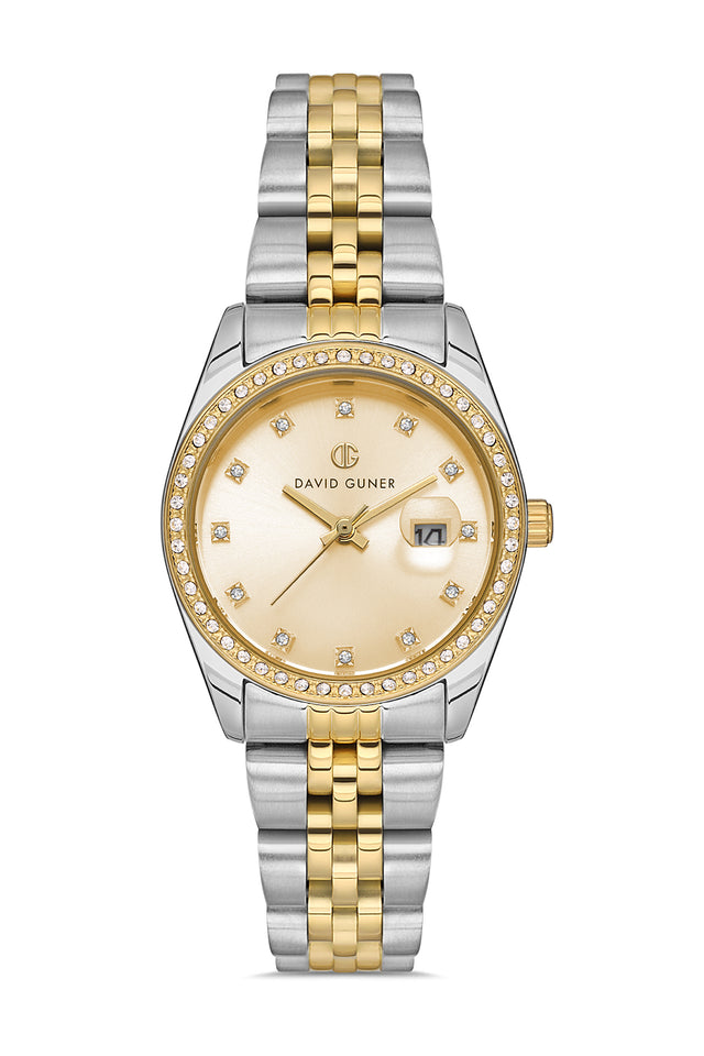 David Guner 8629LA-D4 women's watch with gold dial, two-tone case and stainless steel bracelet – front view