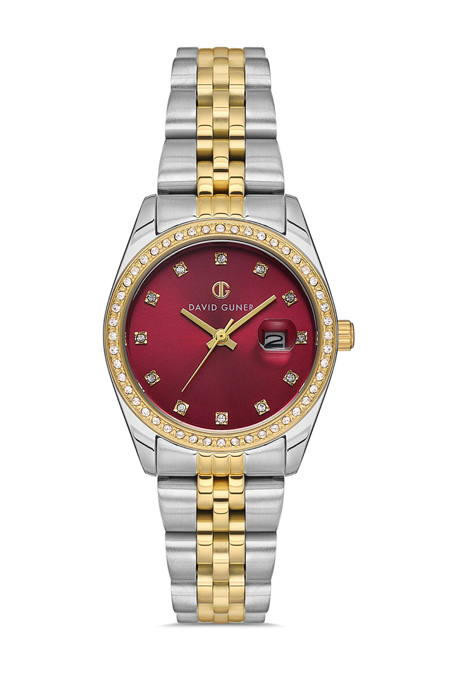 David Guner 8629LA-D8 women's watch with burgundy dial, two-tone case and stainless steel bracelet – front view