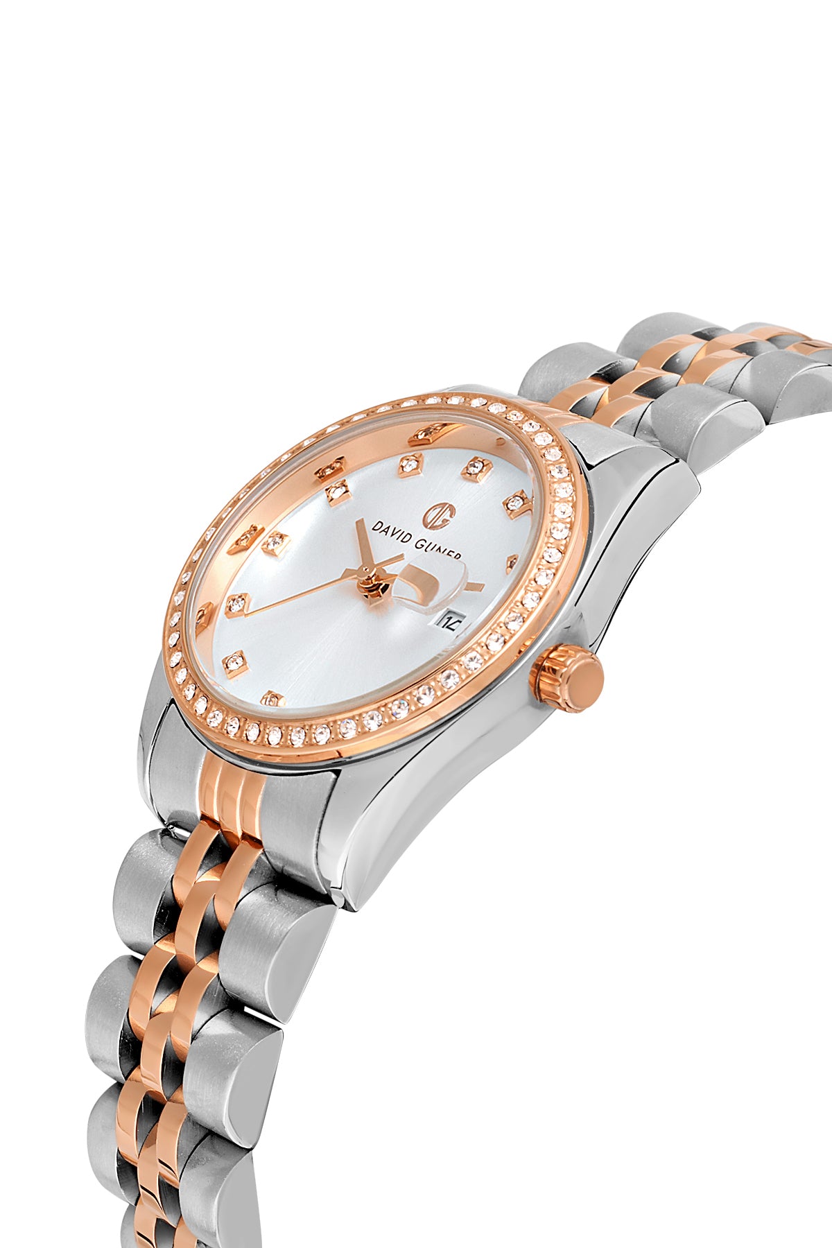 David Guner 8629LA-E1 women's watch with silver dial, two-tone rose gold case and stainless steel bracelet – angled view
