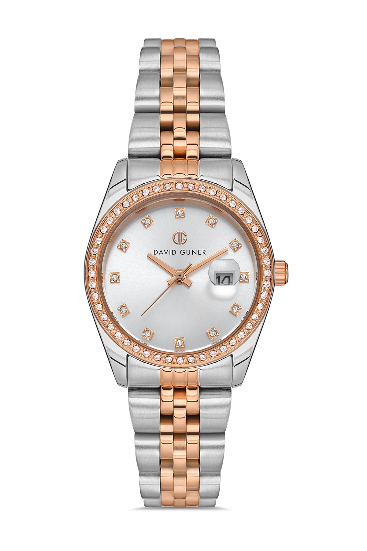 David Guner 8629LA-E1 women's watch with silver dial, two-tone rose gold case and stainless steel bracelet – front view