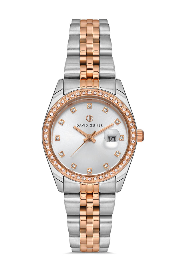 David Guner 8629LA-E1 women's watch with silver dial, two-tone rose gold case and stainless steel bracelet – front view