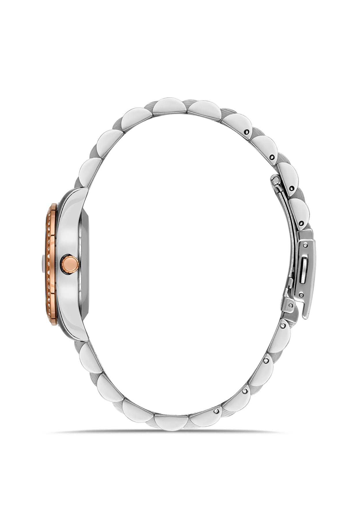 David Guner 8629LA-E1 women's watch with silver dial, two-tone rose gold case and stainless steel bracelet – side view