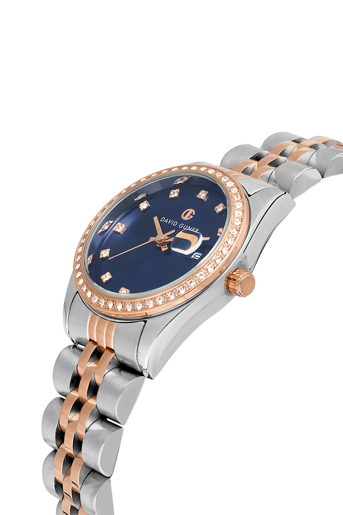David Guner 8629LA-E3 women's watch with blue dial, two-tone rose gold case and stainless steel bracelet – angled view