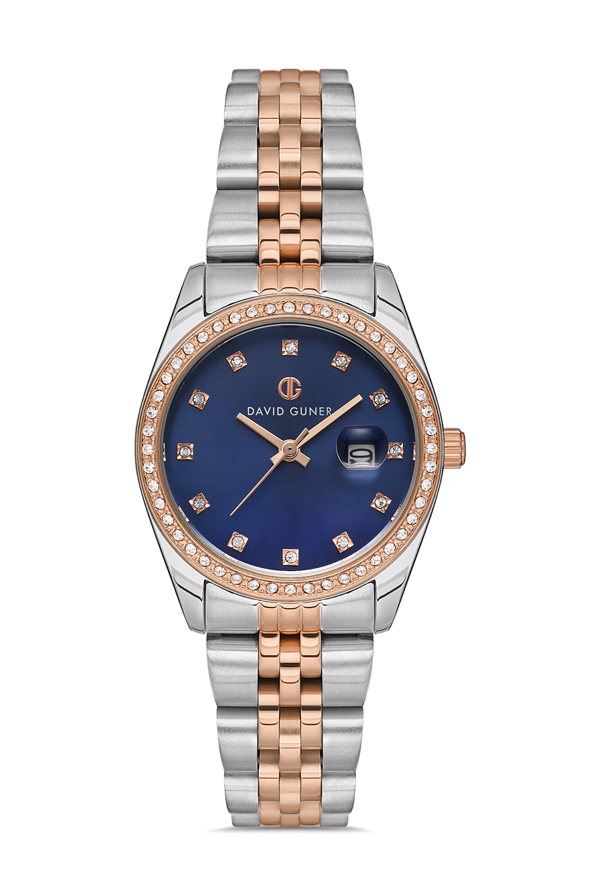 David Guner 8629LA-E3 women's watch with blue dial, two-tone rose gold case and stainless steel bracelet – front view