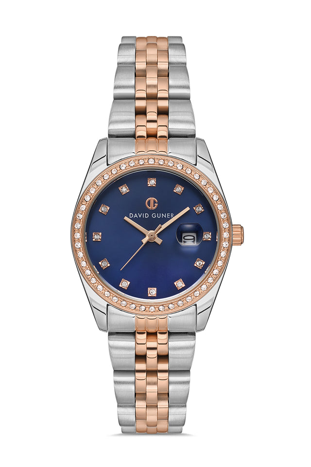 David Guner 8629LA-E3 women's watch with blue dial, two-tone rose gold case and stainless steel bracelet – front view