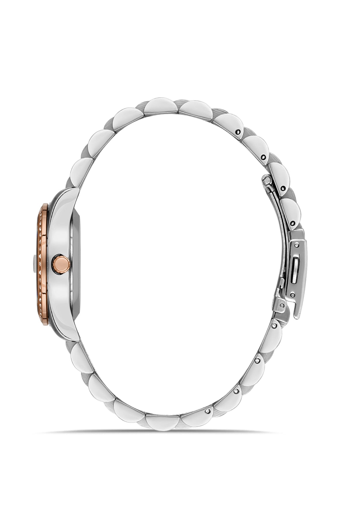 David Guner 8629LA-E3 women's watch with blue dial, two-tone rose gold case and stainless steel bracelet – side view