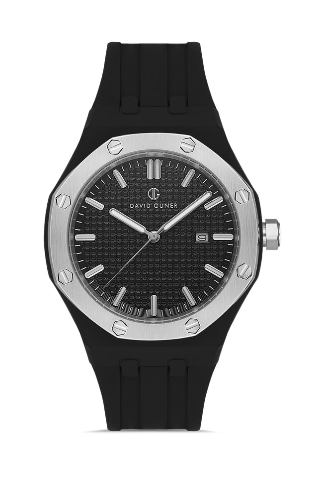 David Guner 8631GD-J2 men's watch with black dial, silver-tone case and black silicone strap – front view