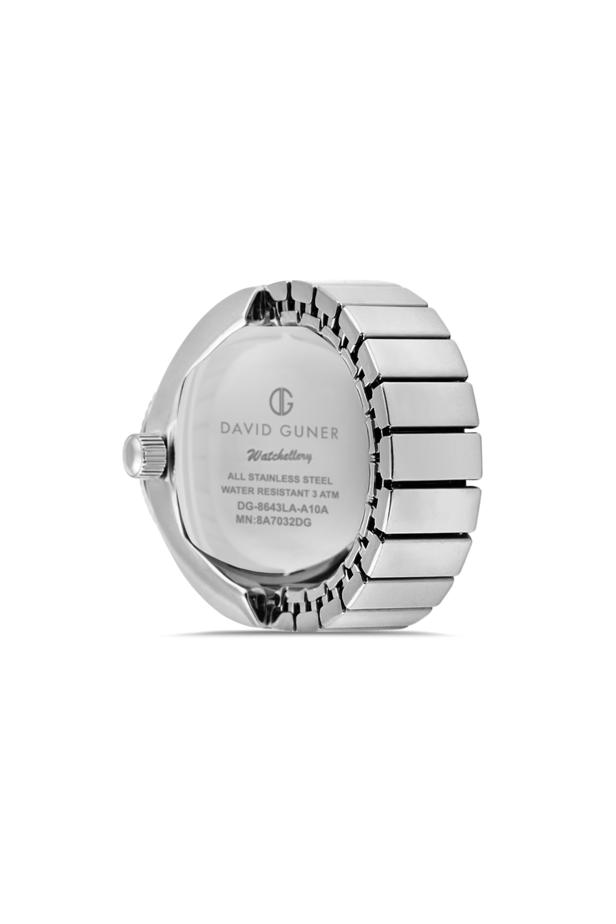 David Guner 8643LA-A10A unisex ring watch with green dial, silver-tone case and stretch ring band – case back view