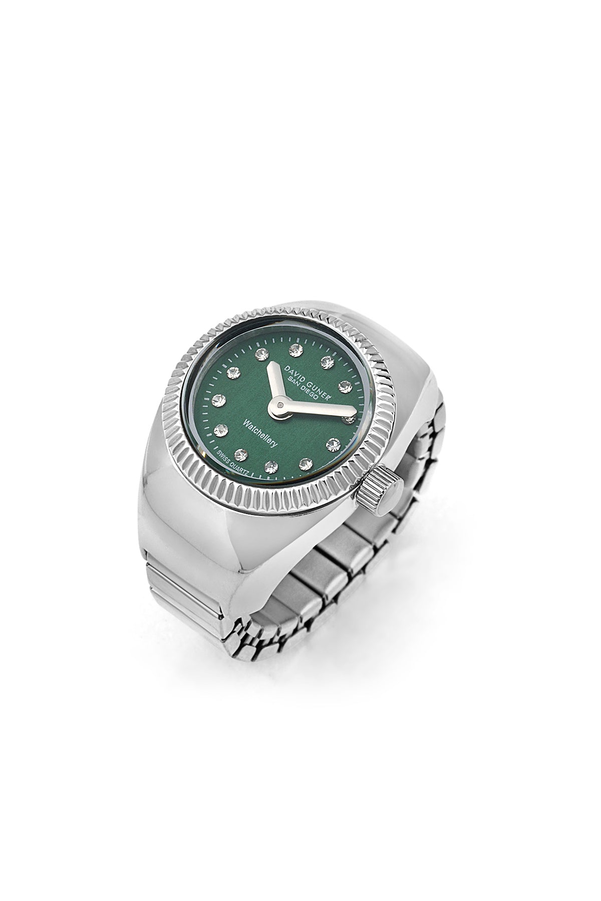 David Guner 8643LA-A10A unisex ring watch with green dial, silver-tone case and stretch ring band – front view